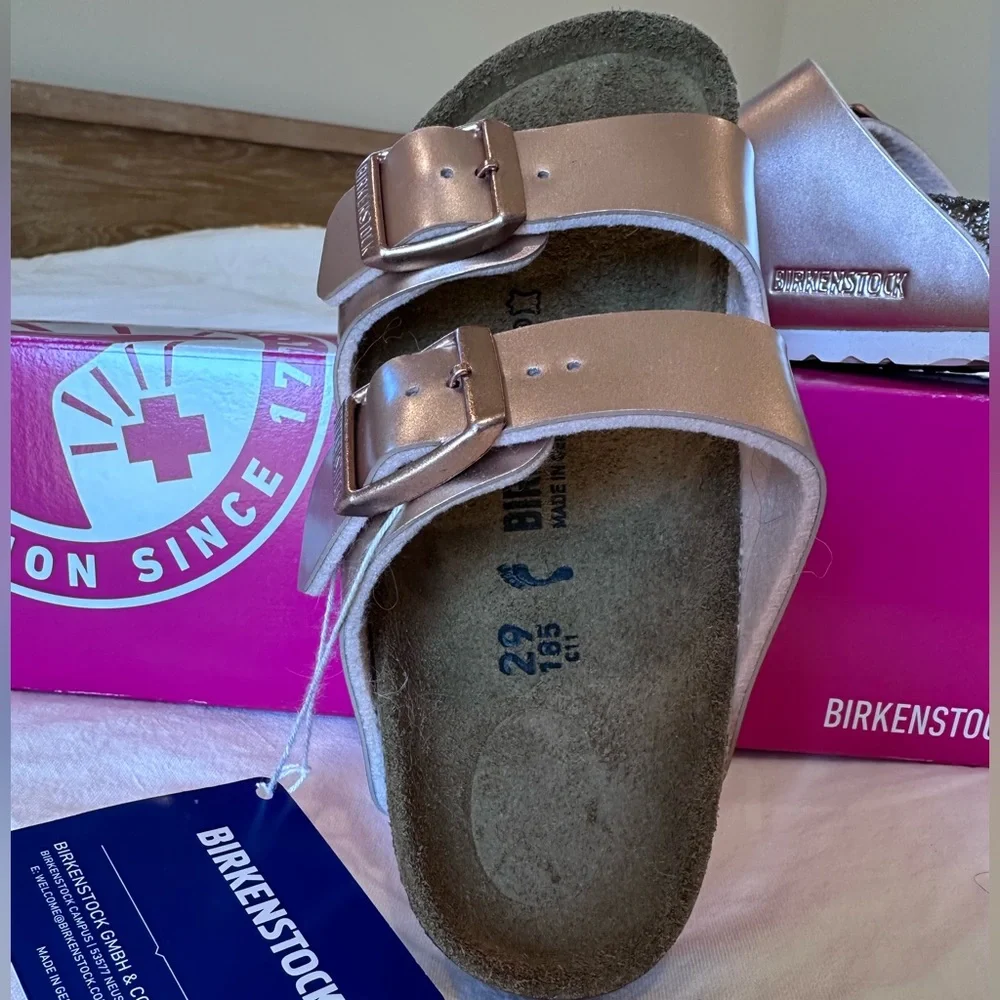 Birkenstock Kids Metallic Rose Gold Two-Strap Sandals